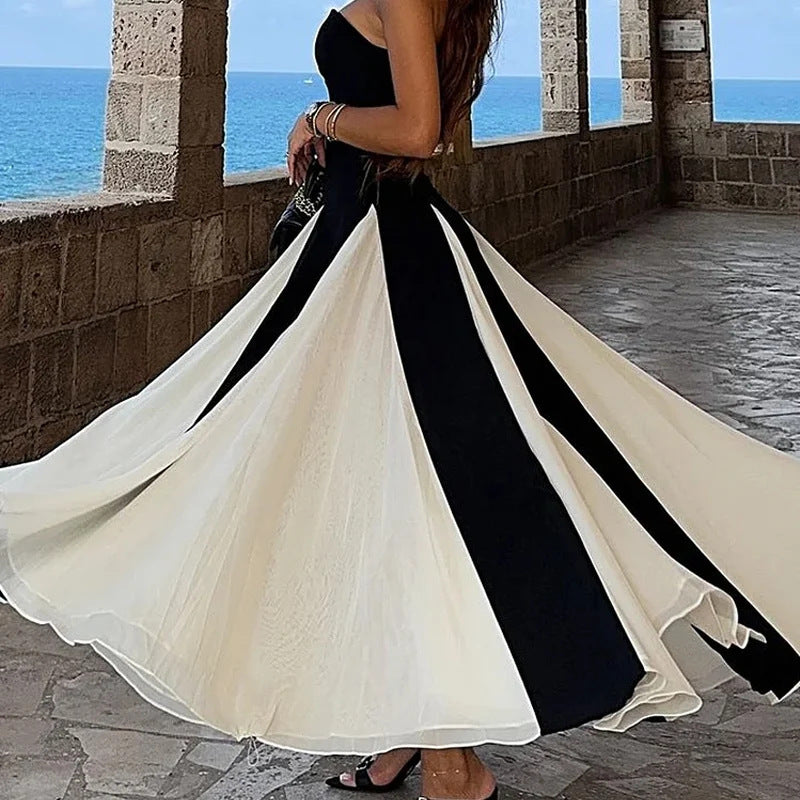 Summer New Color Contrast Patchwork Pure Desire Style Tube Top Dress